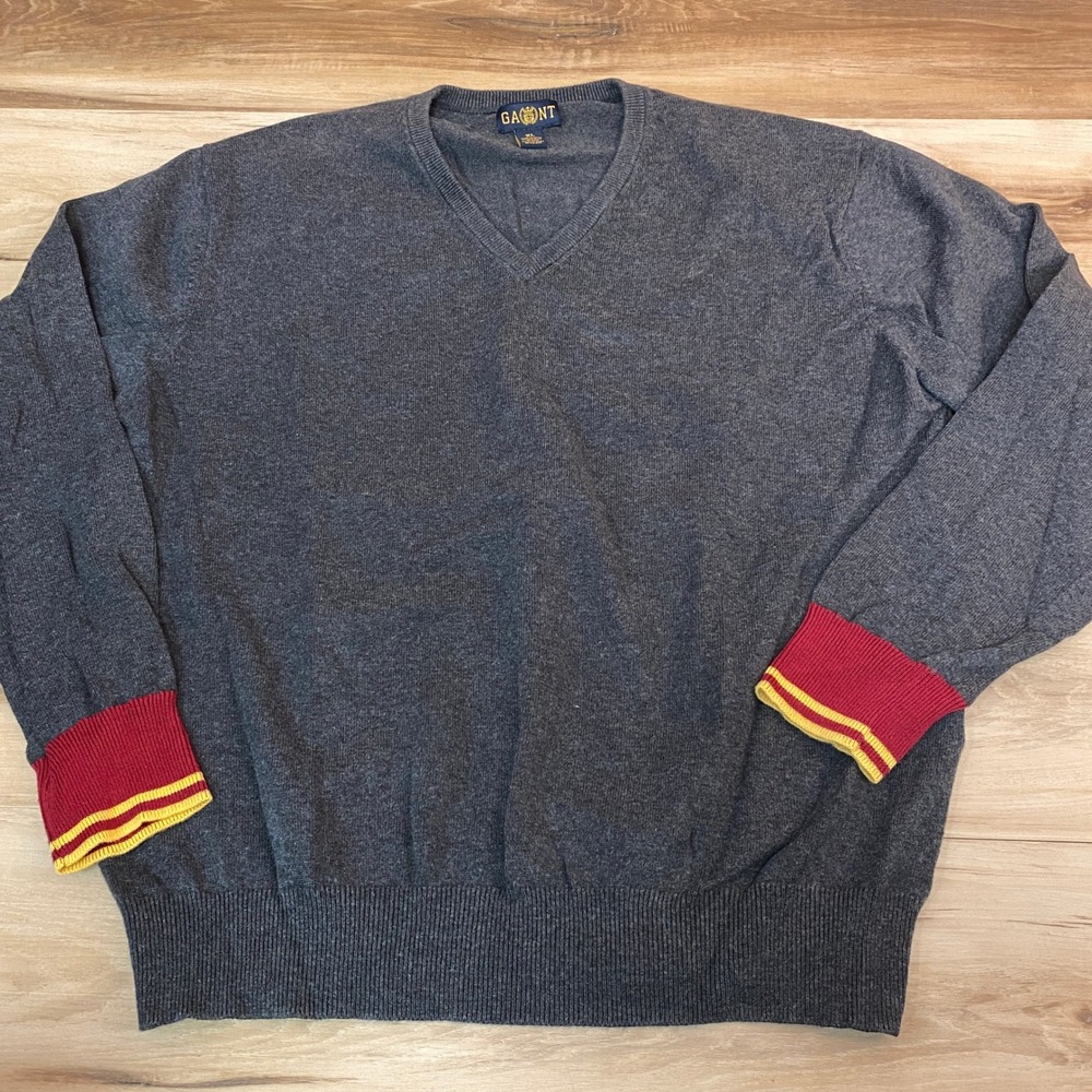 Gant Mens V-Neck Sweater XL Charcoal Grey Cotton Red Yellow Striped‎ Cuffs